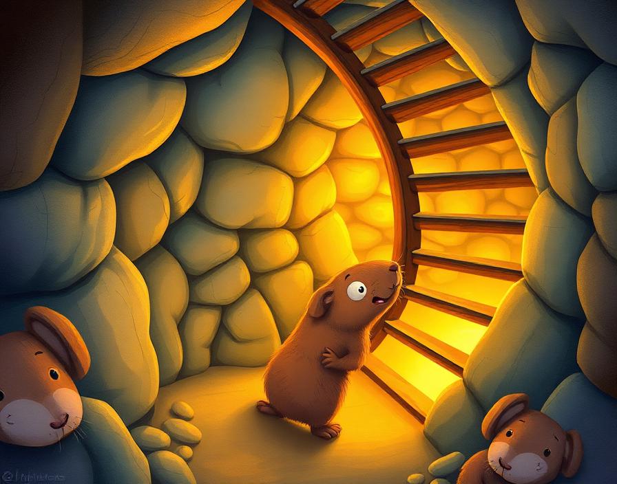 Capybaras descending a spiral staircase