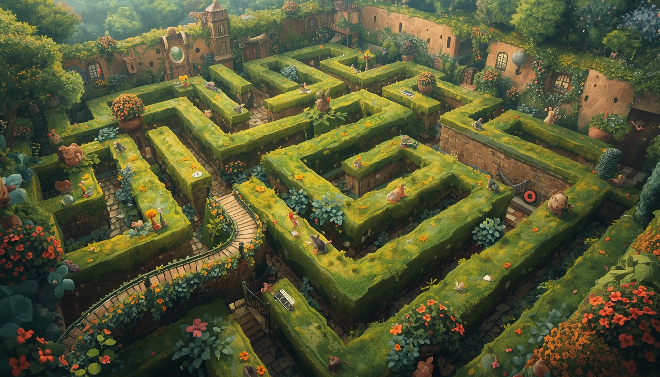 A sprawling hedge maze garden filled with tiny creatures