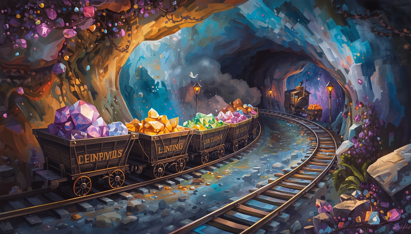 A whimsical mine railroad with carts full of glowing gemstones