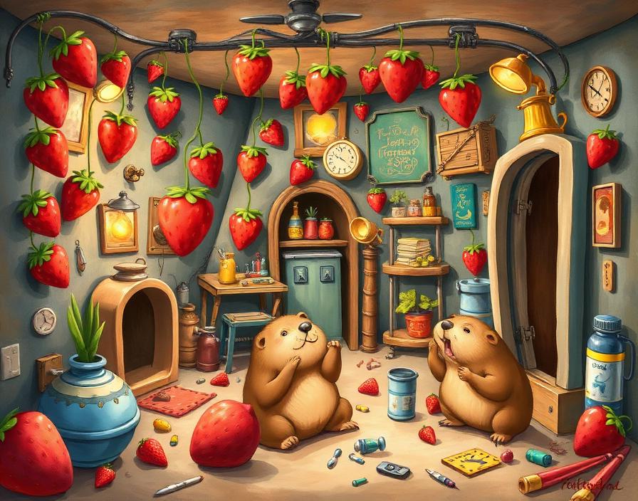 A chaotic basement room full of strawberries