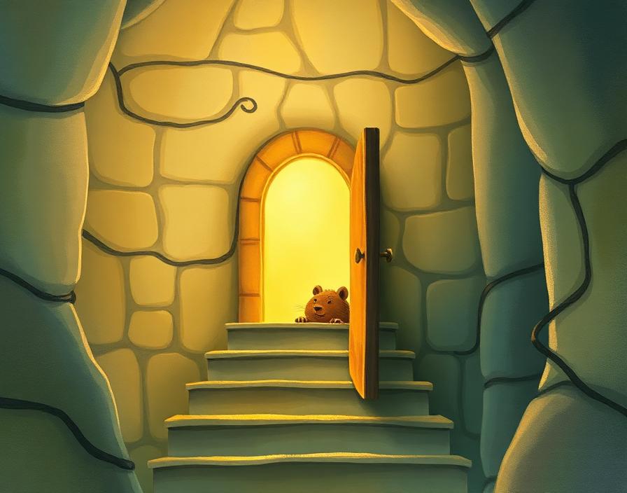 A glowing basement door at the bottom of stairs