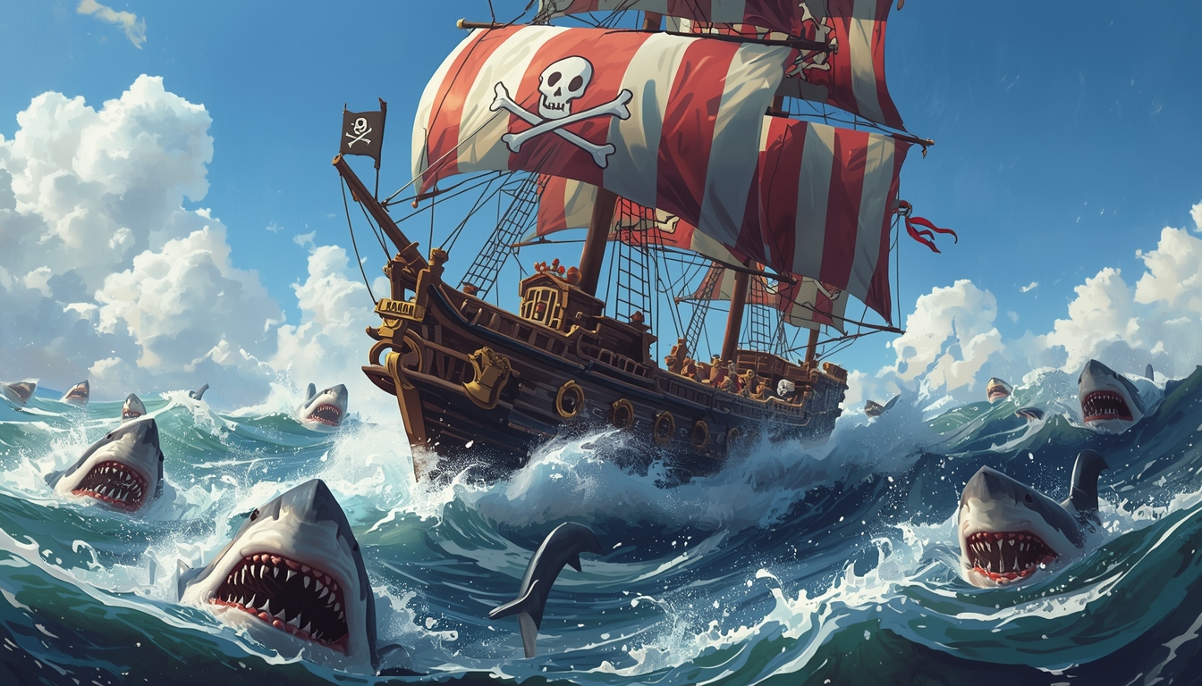 A pirate ship battling waves surrounded by sharks